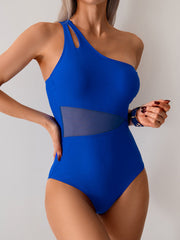 Curvva® Women's One Piece Swimsuits Tummy Control Mesh Patchwork Bathing Suit One Shoulder Adjustable Straps