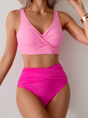 Curvva® Women's High Waisted Bikini Sets Solid Pleated 2 Piece Swimsuits Sexy Beach Sets with Removable Pads