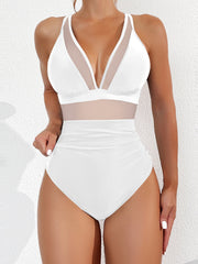 Curvva® Women Plus Size One Piece Swimsuit V Neck Mesh Sheer Tummy Control Bathing Suit