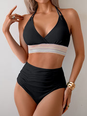 Curvva® Two Piece High Waisted Bikini Sets Tummy Control Color Block Suspender Swimwear