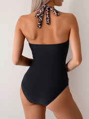 Curvva® Women One Piece Swimsuit Leopard Splicing Halter V Neck Sexy Tummy Control Push Up Swimwear Back Tie Bathing Suit