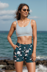 Curvva® Stripes Square Neck Wide Straps Sporty Bikini Top with Boy Short Set