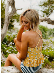 Curvva® Peplum Tankini Swim In Mustard Daisy