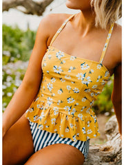 Curvva® Peplum Tankini Swim In Mustard Daisy