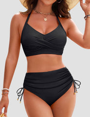 Curvva® Womens High Waisted Bikini Sets Drawstring Tummy Control Swimsuits Crisscross Tie Back Bathing Suit