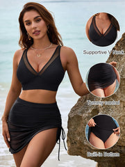 Curvva® Womens Swim Skirt High Waisted Bikini Sets Tummy Control Swimsuits Mesh Sarong Wraps Bathing Suits