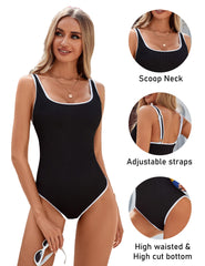 Curvva® Women's One Piece Swimsuit Sports Adjustable Strap Bathing Suit Color Block Ribbed High Cut Swimsuits
