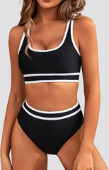 Curvva® Women's High Waisted Bikini Sets Sporty Two Piece Swimsuits Color Block Cheeky High Cut Bathing Suits