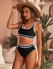 Curvva® Women's High Waisted Bikini Sets Sporty Two Piece Swimsuits Color Block Cheeky High Cut Bathing Suits