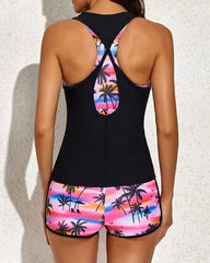 Curvva® Pink Palm 3 Piece Tank Bathing Suits With Shorts And Racer back Sports