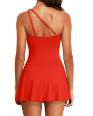 Curvva® Women One Piece Swim Dress One Shoulder Swimsuit with Skirt