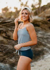 Curvva® Tie Front Blouson Swim Tankini In Navy Blue